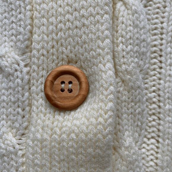 Cream Cable Knit Shawl Collar Cardigan Sweater Wood Buttons Front Pockets Medium - Picture 8 of 11